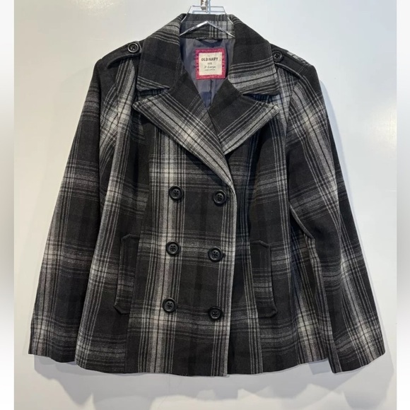 Old Navy Black Gray Plaid Wool Blend Pea Coat Jacket Womens Size XL - Picture 1 of 4